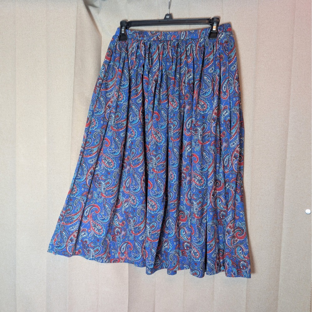 Vintage Serbin Sport Blue Red Paisley Pleated Midi Skirt Made in USA Size 18W